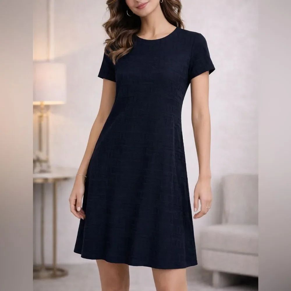 J. McLaughlin Navy Textured A-Line Dress Short Sleeve Size S Pockets